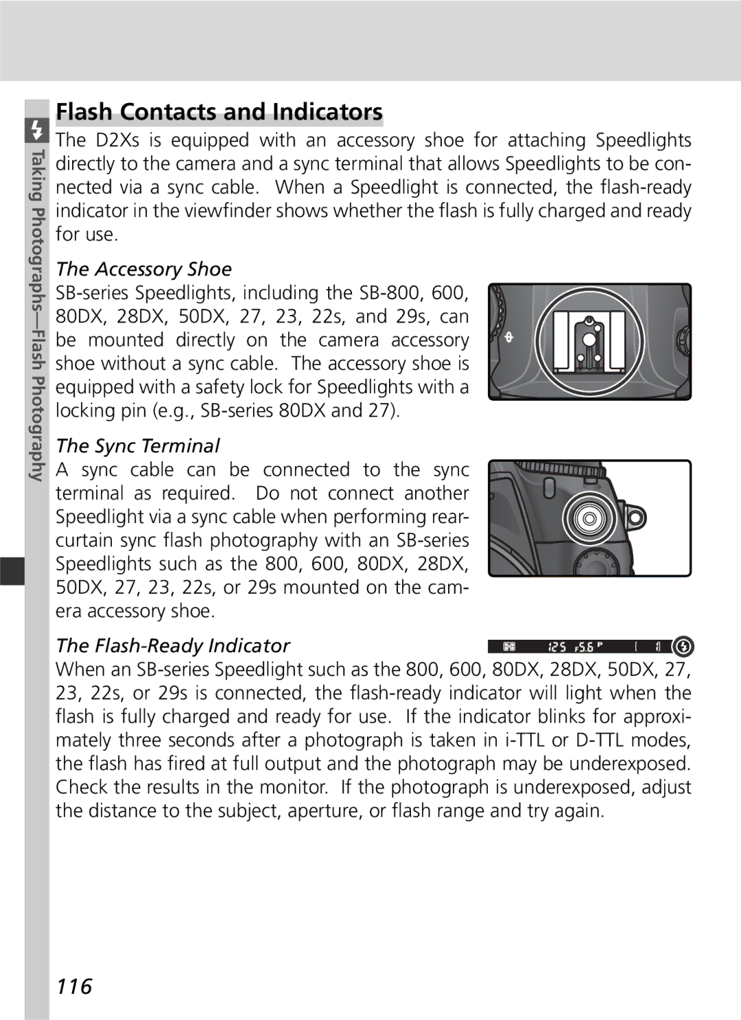 Nikon D2Xs manual Flash Contacts and Indicators, 116, Accessory Shoe, Sync Terminal, Flash-Ready Indicator 