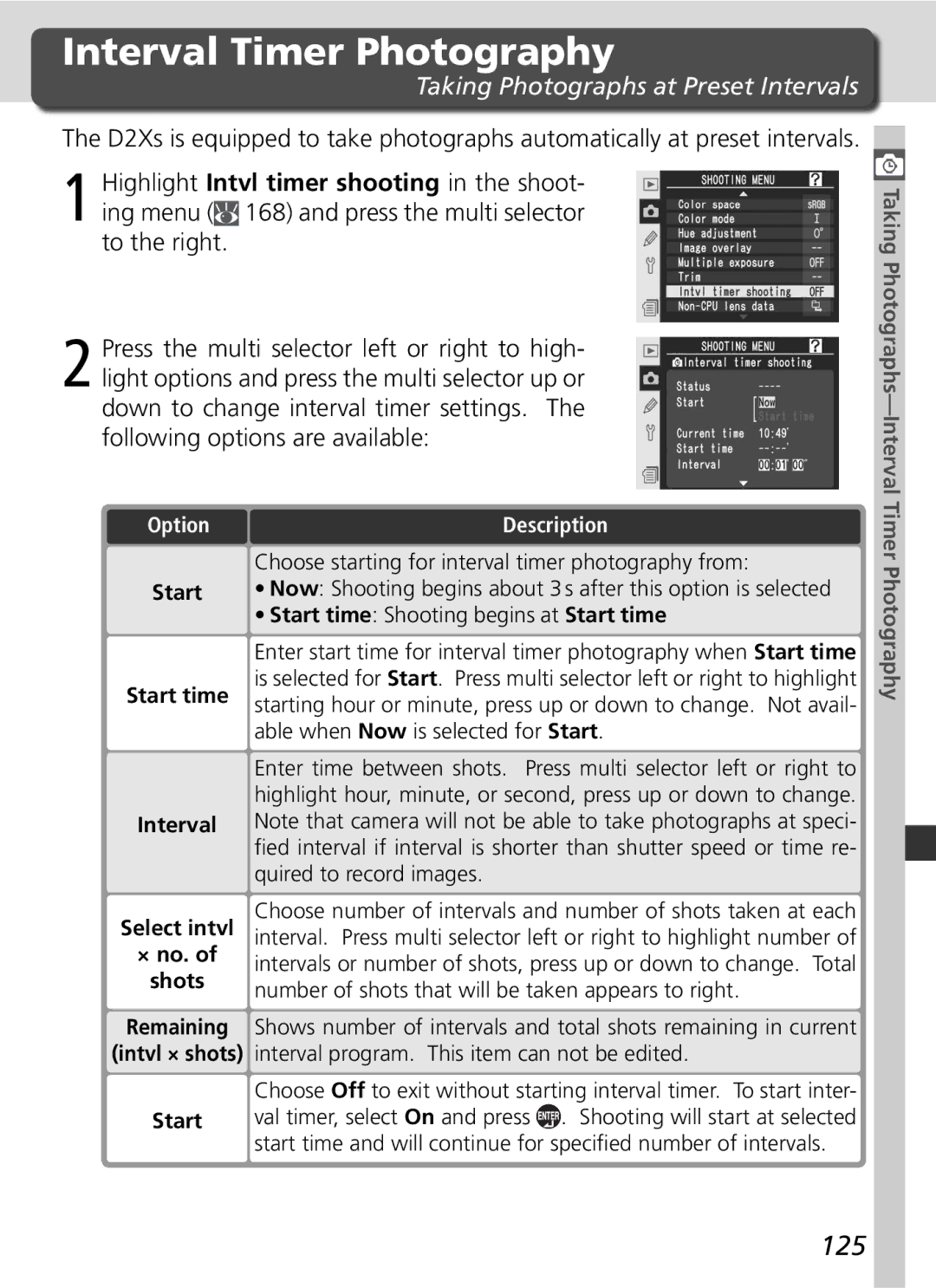 Nikon D2Xs manual Interval Timer Photography, 125, Taking Photographs at Preset Intervals 