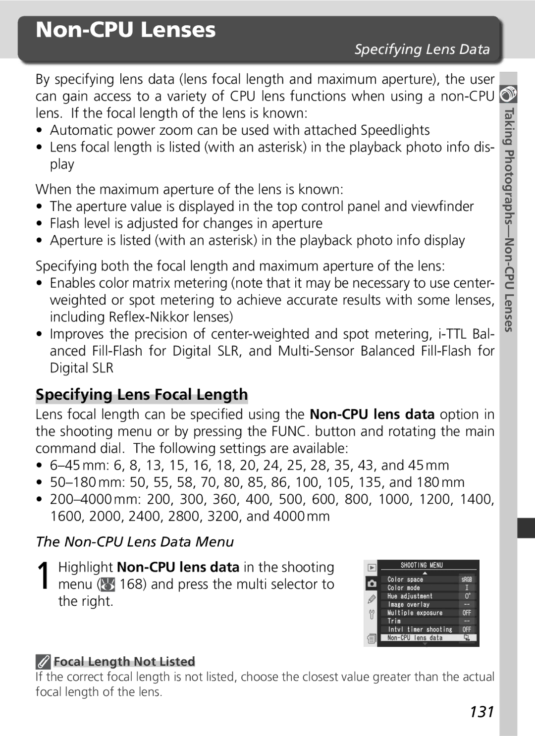 Nikon D2Xs manual Non-CPU Lenses, Specifying Lens Focal Length, 131, Specifying Lens Data, Non-CPU Lens Data Menu 