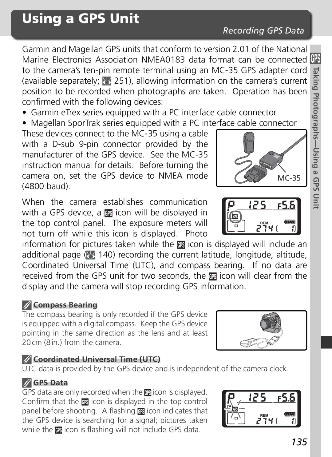 Nikon D2Xs manual Using a GPS Unit, 135, Recording GPS Data 