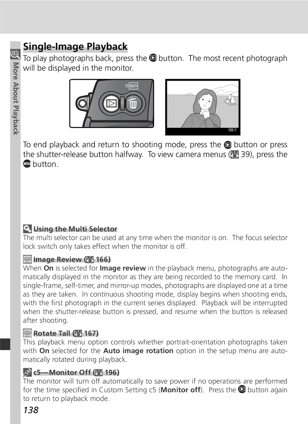 Nikon D2Xs manual Single-Image Playback, 138, Using the Multi Selector, C5-Monitor Off 