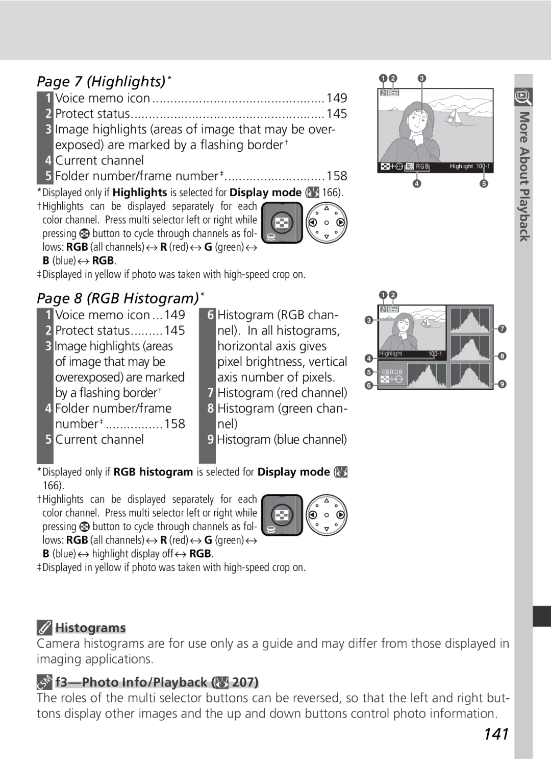 Nikon D2Xs manual 141, Highlights, RGB Histogram, Histograms, F3-Photo Info/Playback 