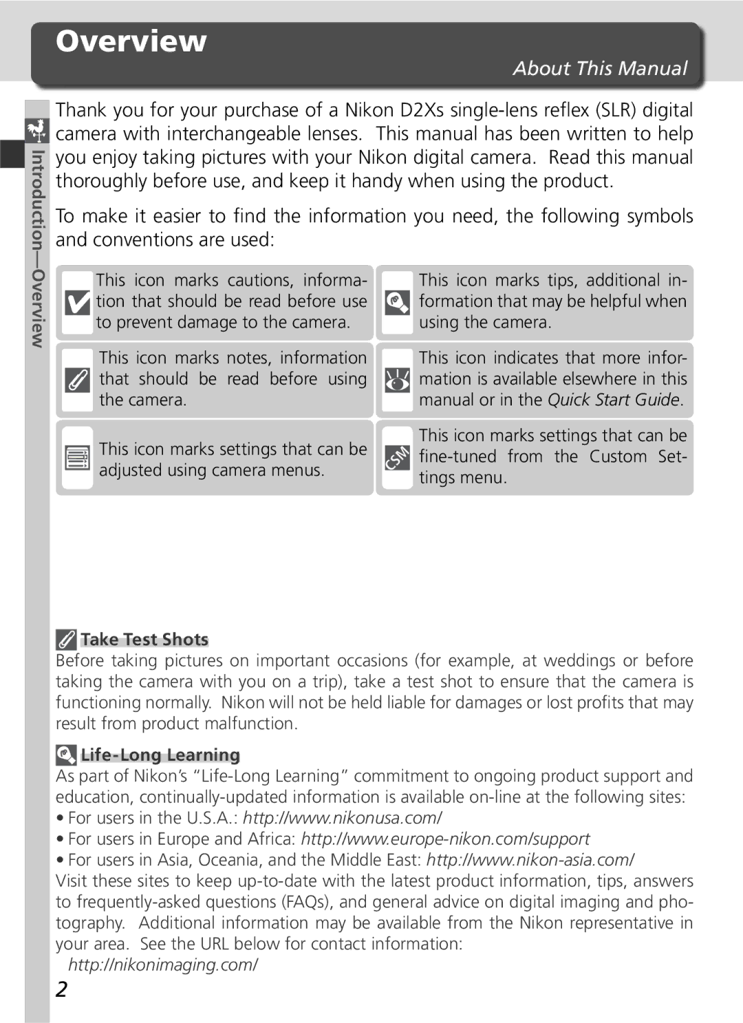 Nikon D2Xs manual Overview, About This Manual, Take Test Shots, Life-Long Learning 