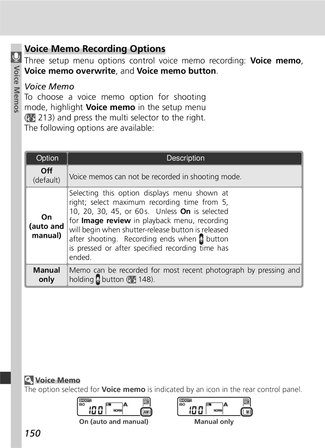 Nikon D2Xs manual Voice Memo Recording Options, 150 