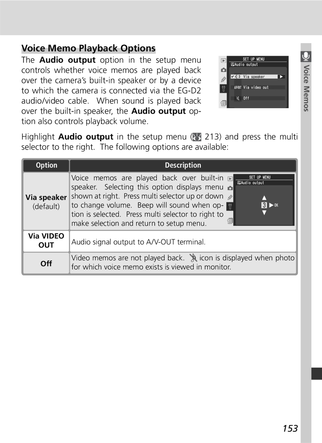 Nikon D2Xs manual Voice Memo Playback Options, 153, OptionTo, Via Video 