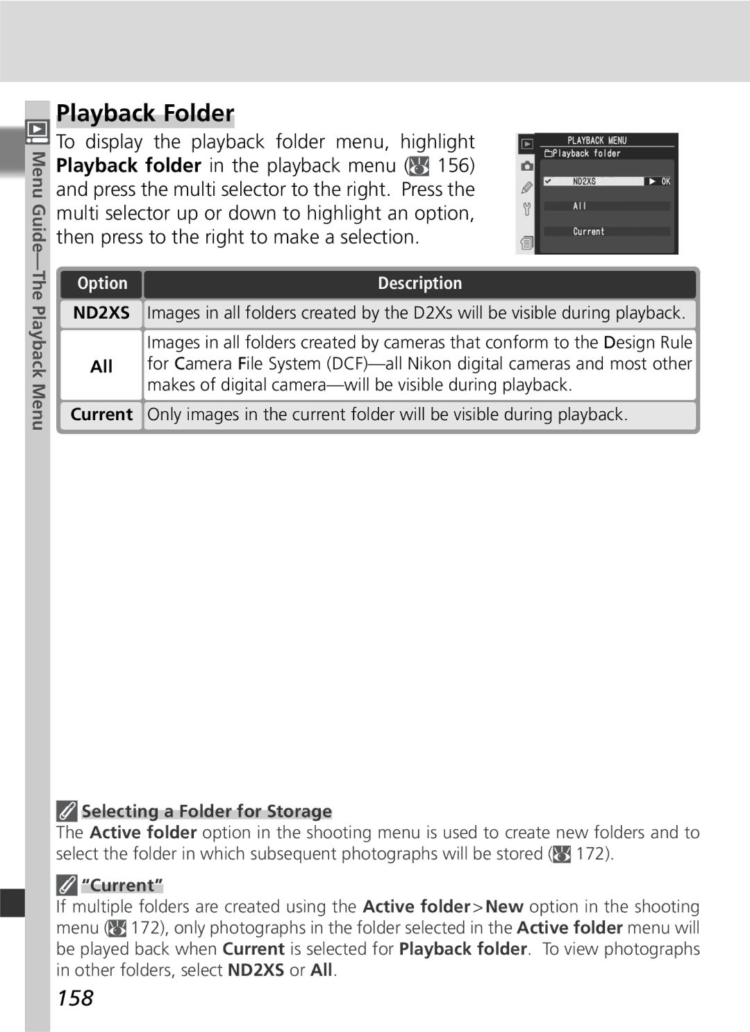 Nikon D2Xs manual Playback Folder, 158, Selecting a Folder for Storage, Current 