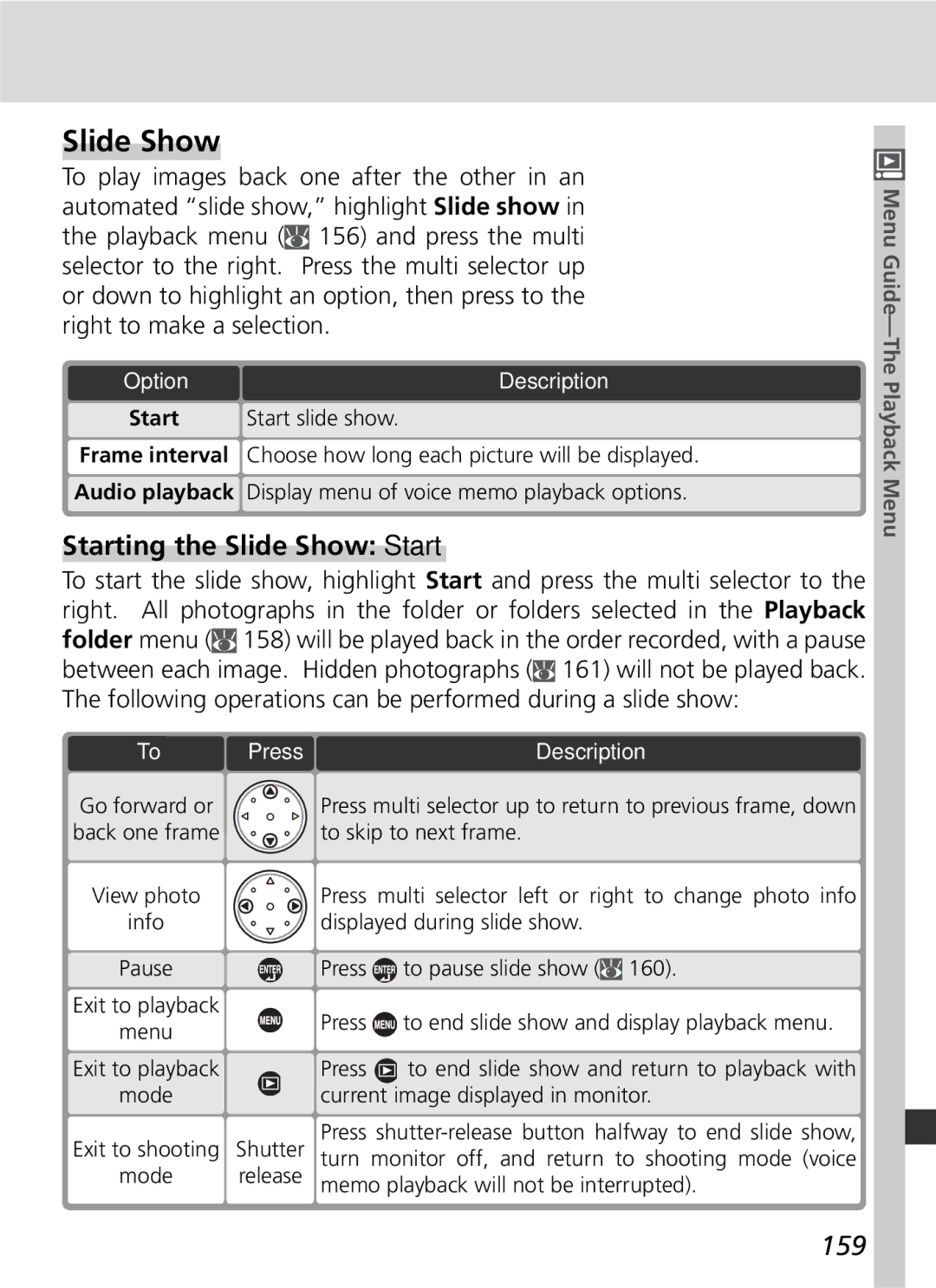 Nikon D2Xs manual Starting the Slide Show Start, 159, To To 