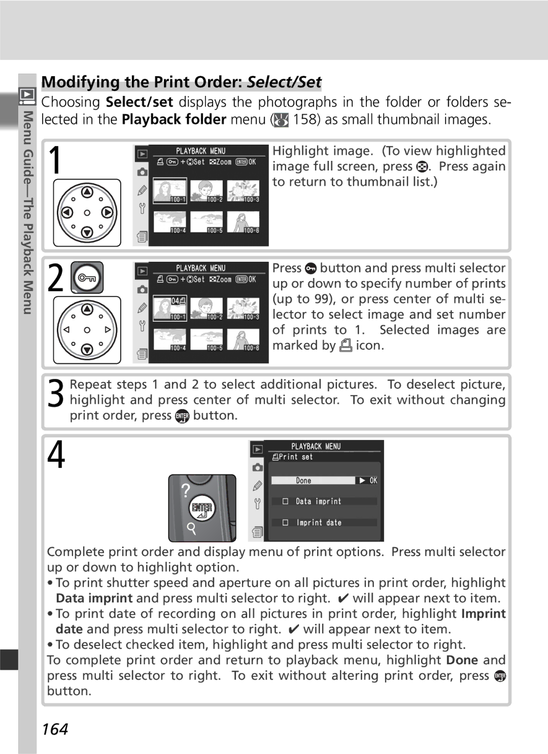 Nikon D2Xs manual Modifying the Print Order Select/Set, 164 