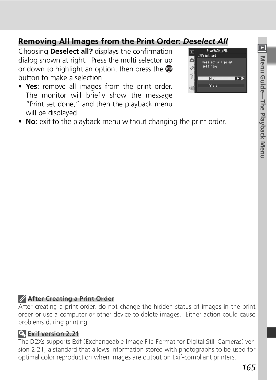 Nikon D2Xs manual Removing All Images from the Print Order Deselect All, 165, After Creating a Print Order, Exif version 