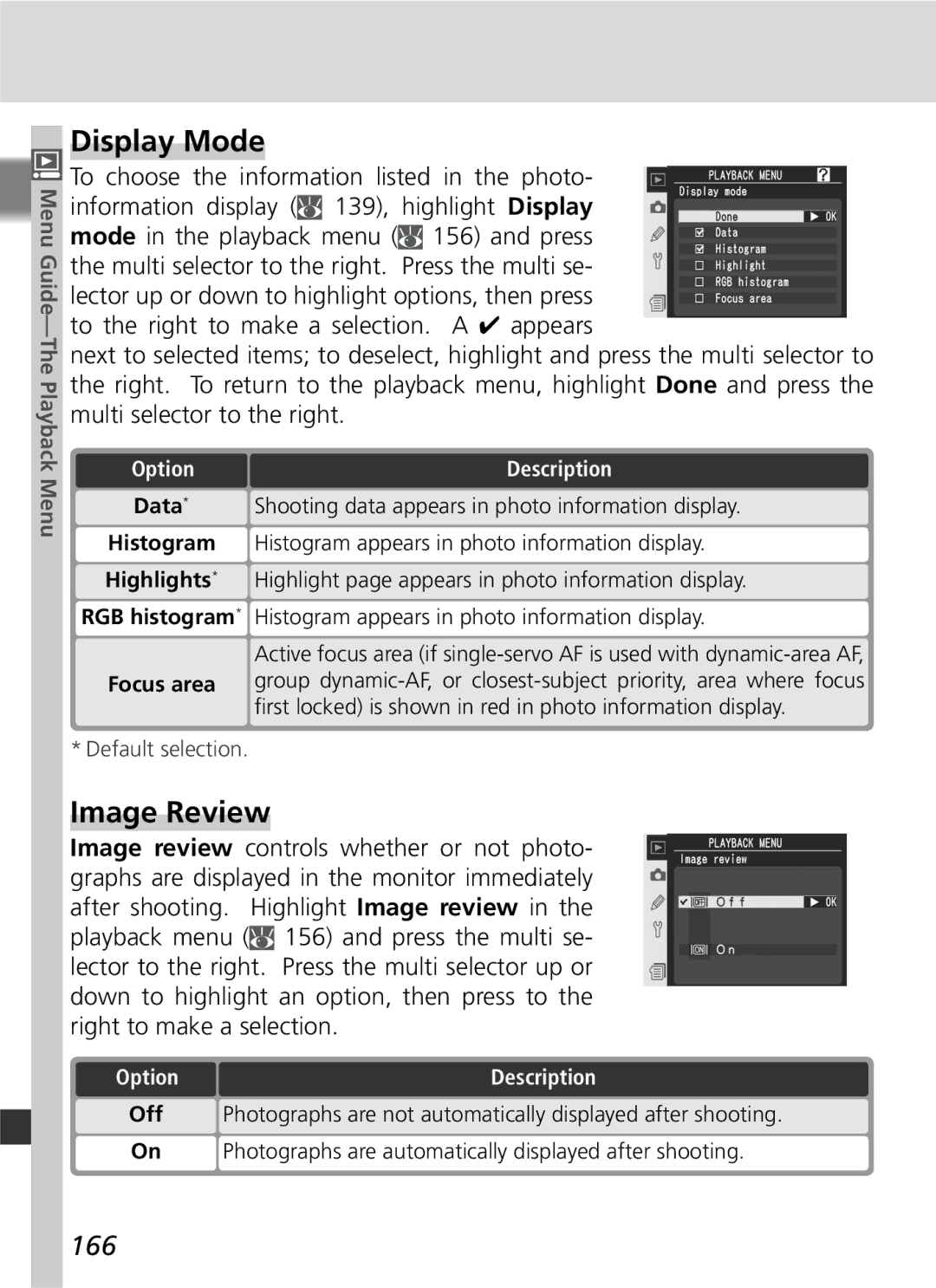 Nikon D2Xs manual Display Mode, Image Review, 166, Data 