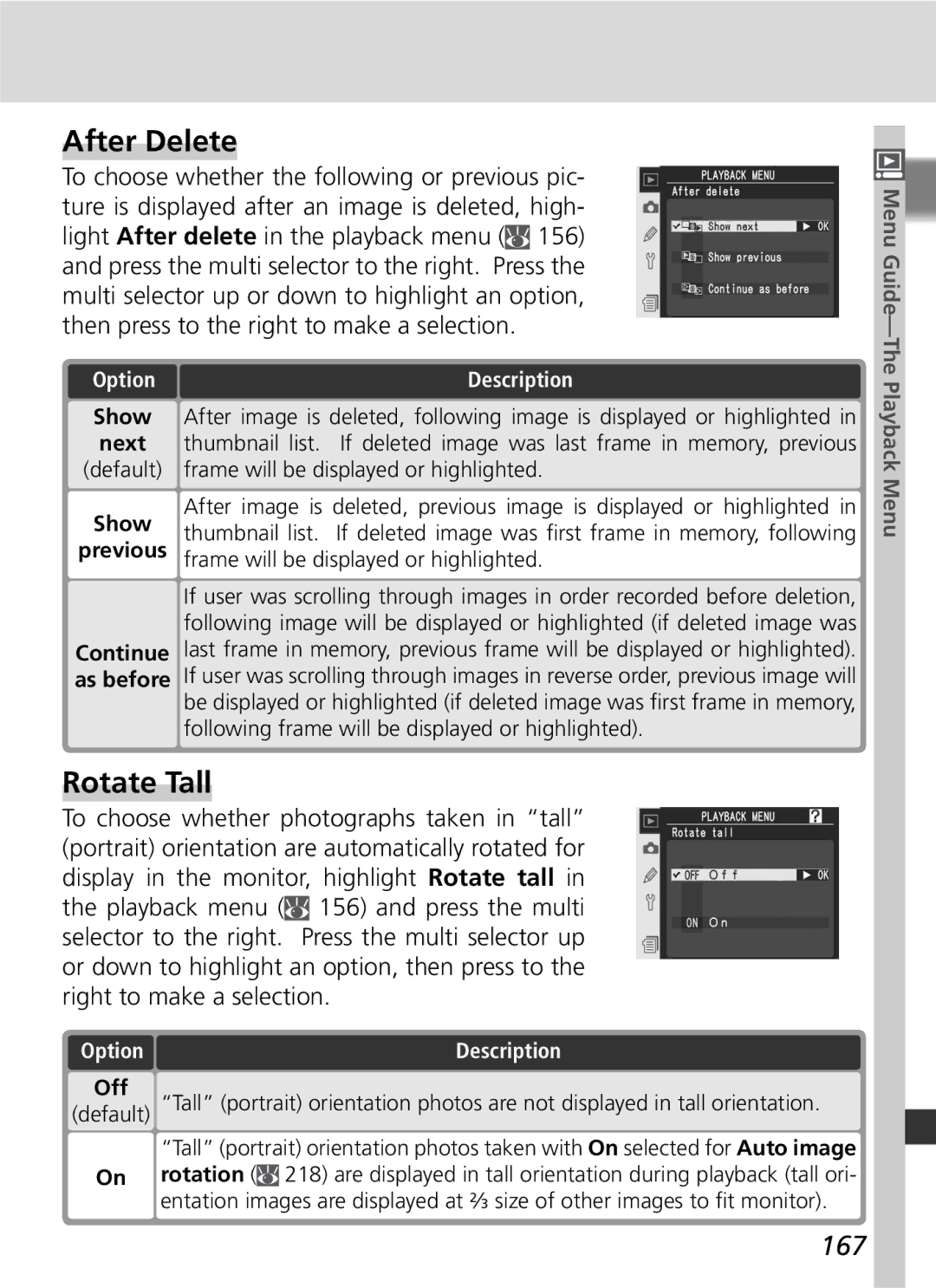 Nikon D2Xs manual After Delete, Rotate Tall, 167, Frame will be displayed or highlighted 