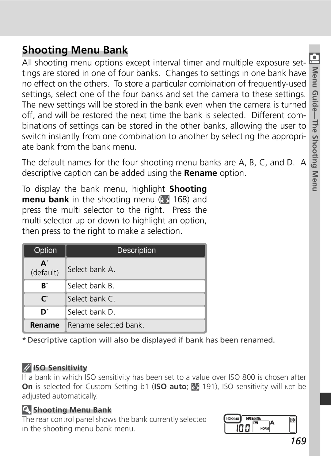 Nikon D2Xs manual Shooting Menu Bank, 169, ISO Sensitivity 