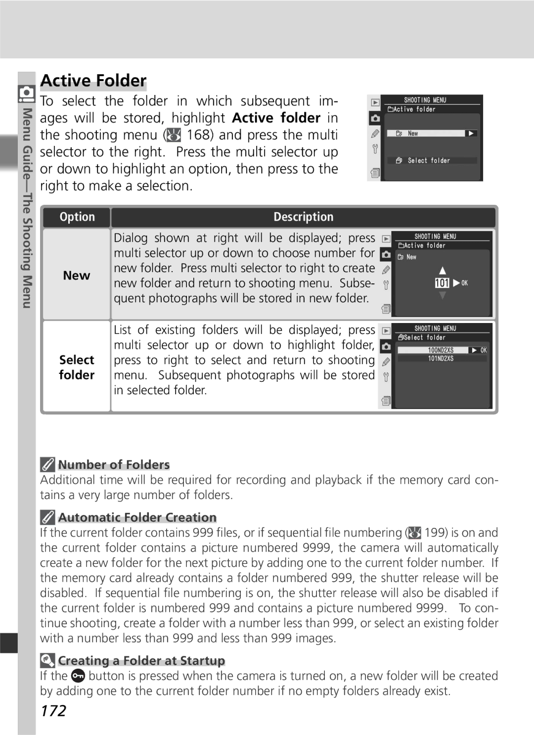 Nikon D2Xs manual Active Folder, 172, Number of Folders, Automatic Folder Creation, Creating a Folder at Startup 