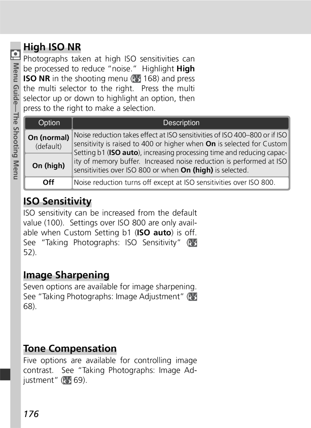 Nikon D2Xs manual High ISO NR, ISO Sensitivity, Image Sharpening, Tone Compensation, 176 