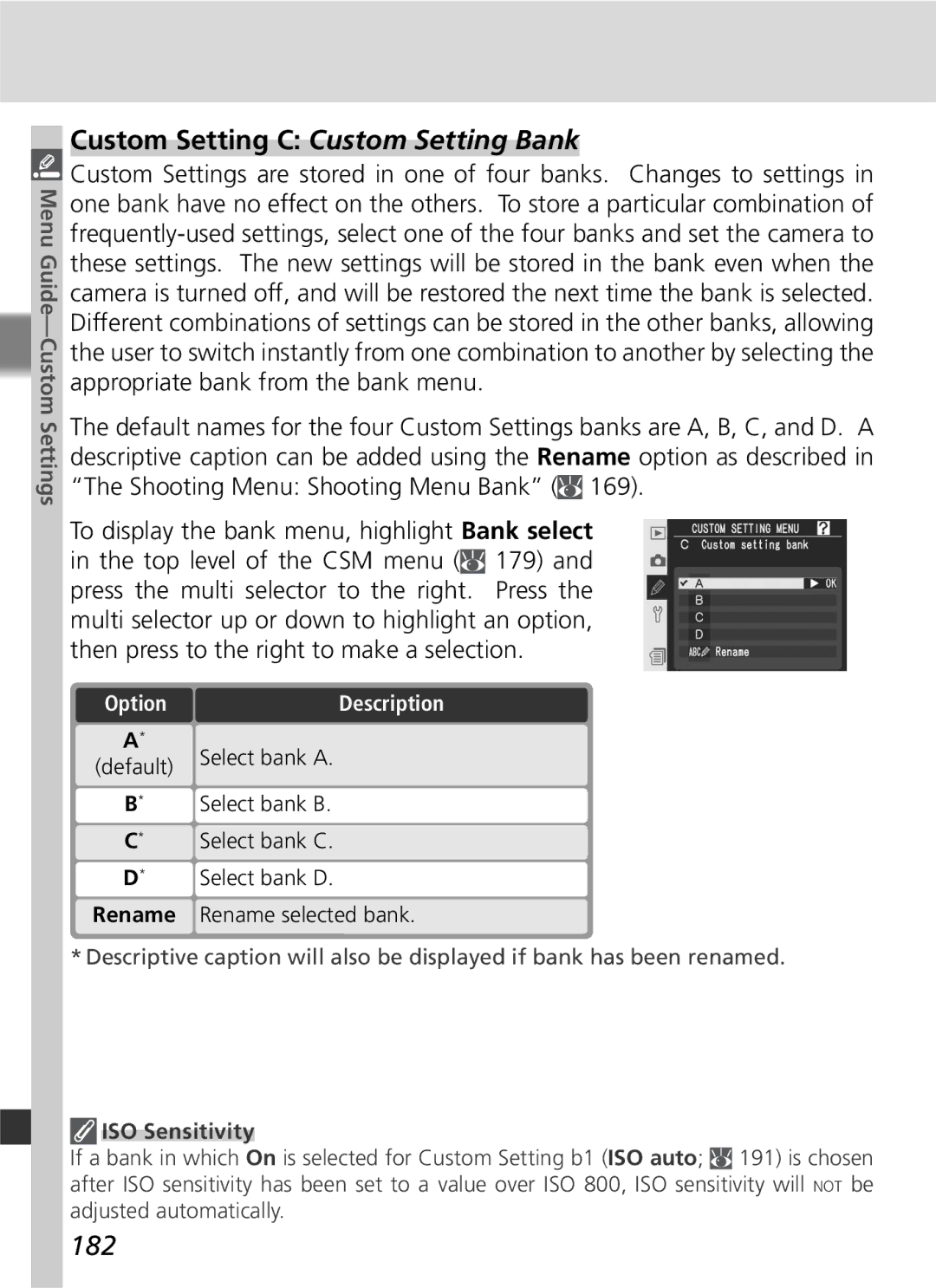 Nikon D2Xs manual Custom Setting C Custom Setting Bank, 182 