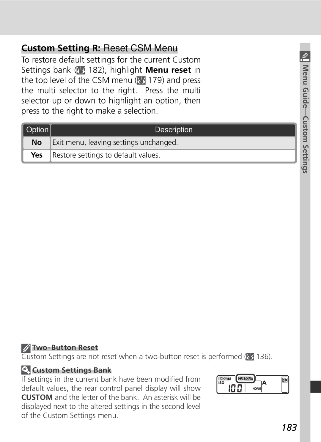 Nikon D2Xs manual Custom Setting R Reset CSM Menu, 183, Two-Button Reset, Custom Settings Bank 