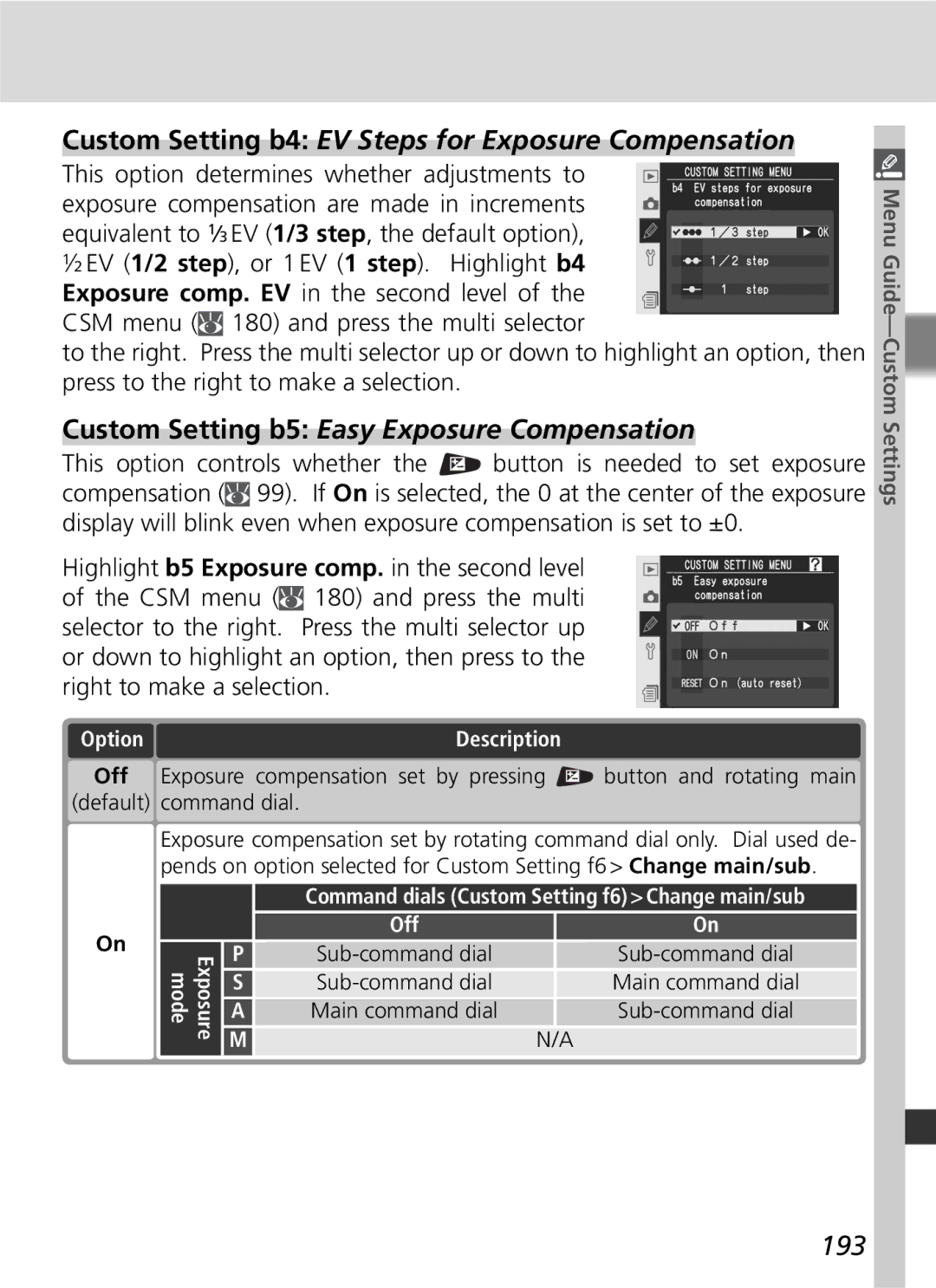 Nikon D2Xs manual Custom Setting b4 EV Steps for Exposure Compensation, Custom Setting b5 Easy Exposure Compensation, 193 