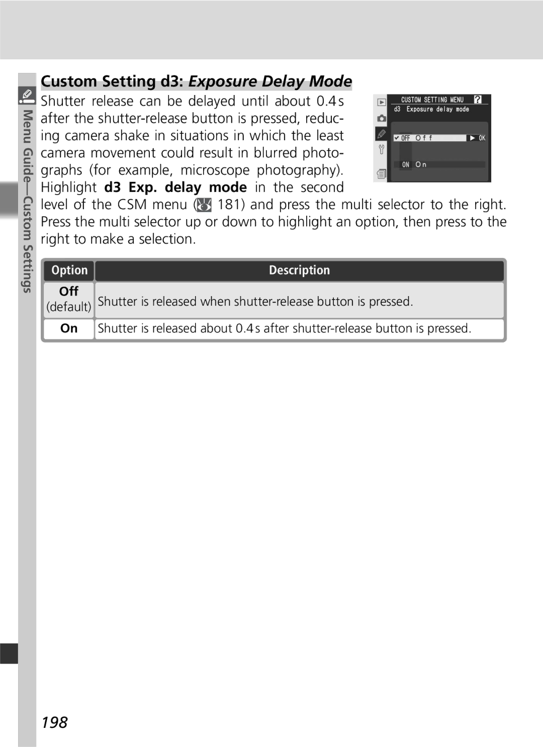 Nikon D2Xs manual Custom Setting d3 Exposure Delay Mode, 198 