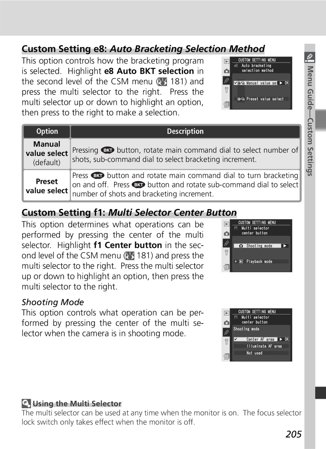 Nikon D2Xs manual Custom Setting e8 Auto Bracketing Selection Method, Custom Setting f1 Multi Selector Center Button, 205 