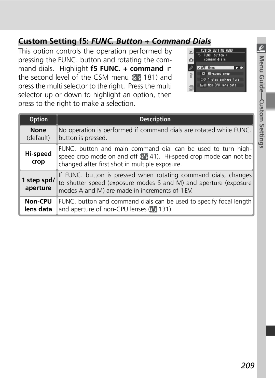 Nikon D2Xs manual Custom Setting f5 FUNC. Button + Command Dials, 209, None, Hi-speed Crop Step spd Aperture 