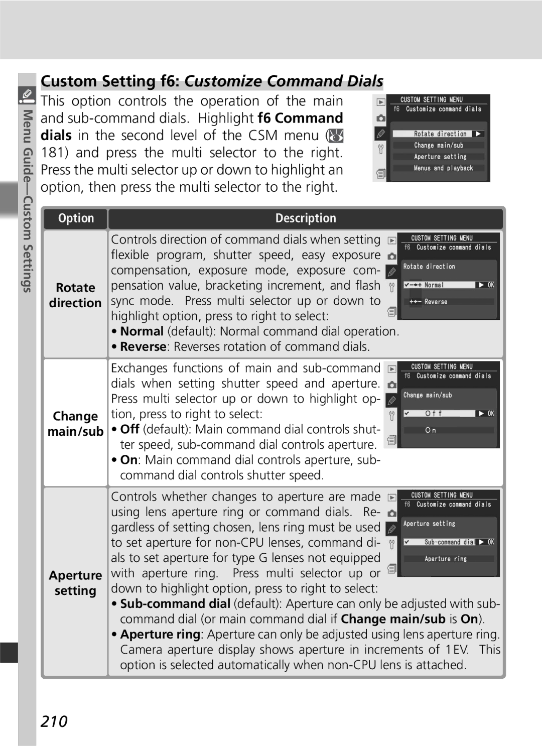 Nikon D2Xs manual Custom Setting f6 Customize Command Dials, 210 