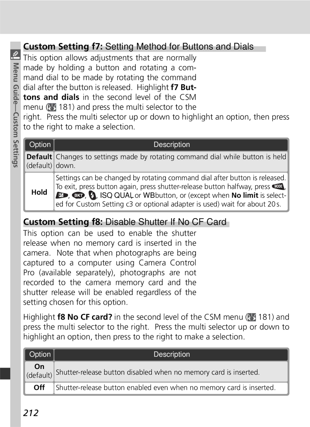 Nikon D2Xs Custom Setting f7 Setting Method for Buttons and Dials, Custom Setting f8 Disable Shutter If No CF Card, 212 