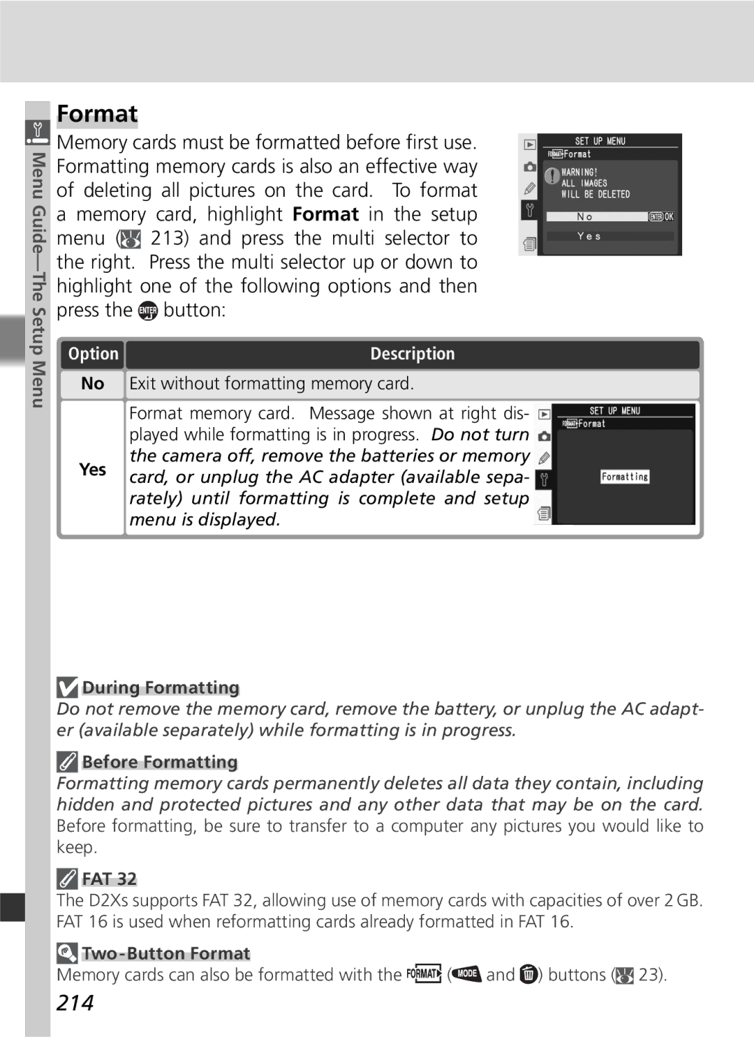 Nikon D2Xs manual Format, 214 