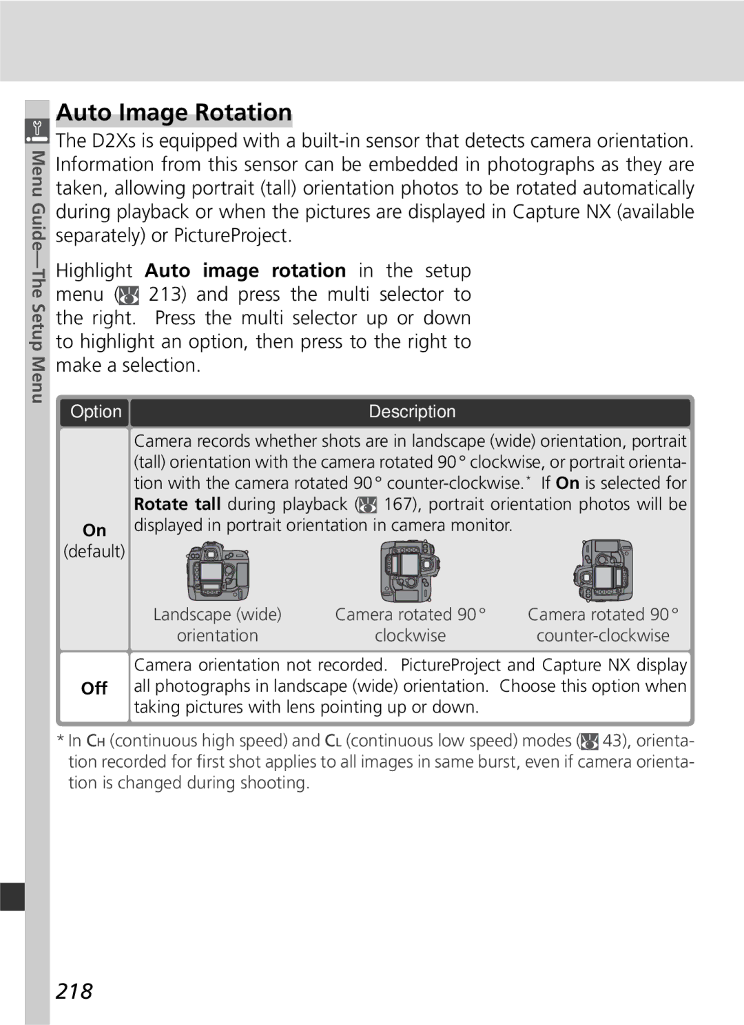 Nikon D2Xs manual Auto Image Rotation, 218, Displayed in portrait orientation in camera monitor 