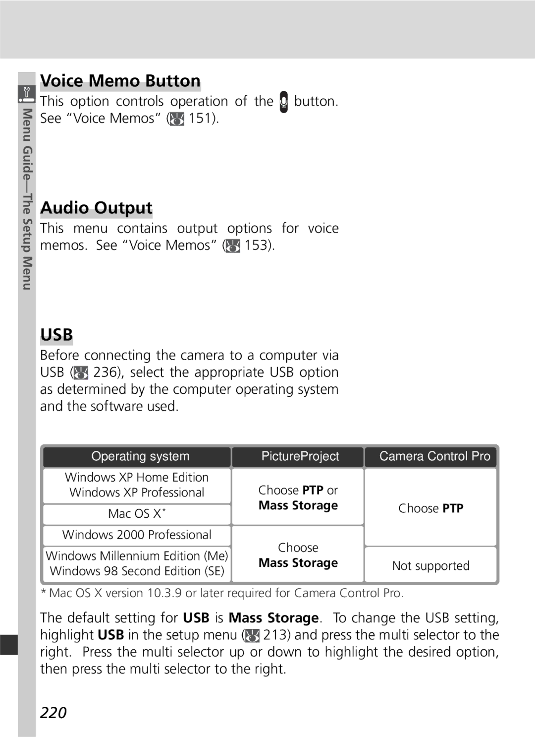 Nikon D2Xs manual Voice Memo Button, Audio Output, 220, Mac OS 