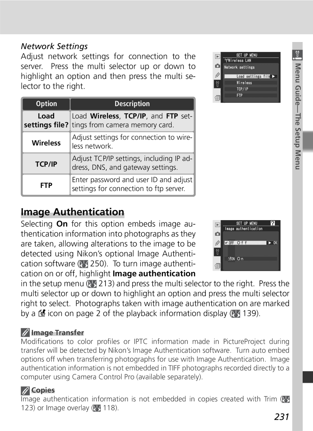 Nikon D2Xs manual Image Authentication, 231, Network Settings, Image Transfer, Copies 