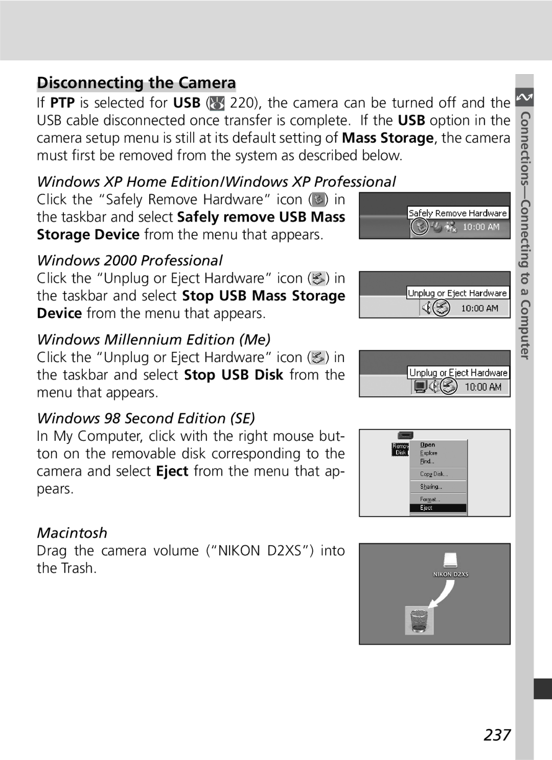 Nikon D2Xs manual Disconnecting the Camera, 237 