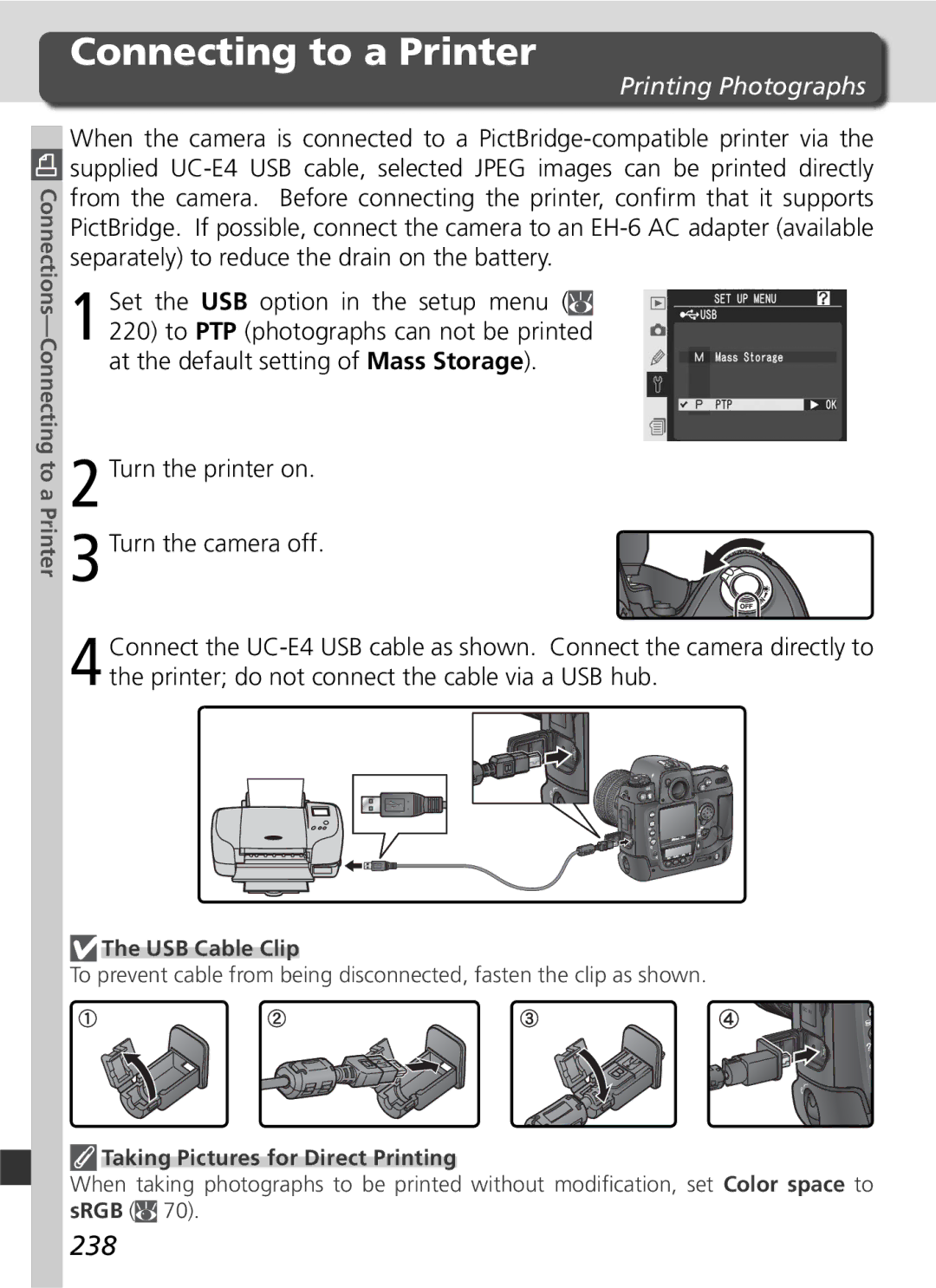 Nikon D2Xs manual Connecting to a Printer, 238, Printing Photographs 