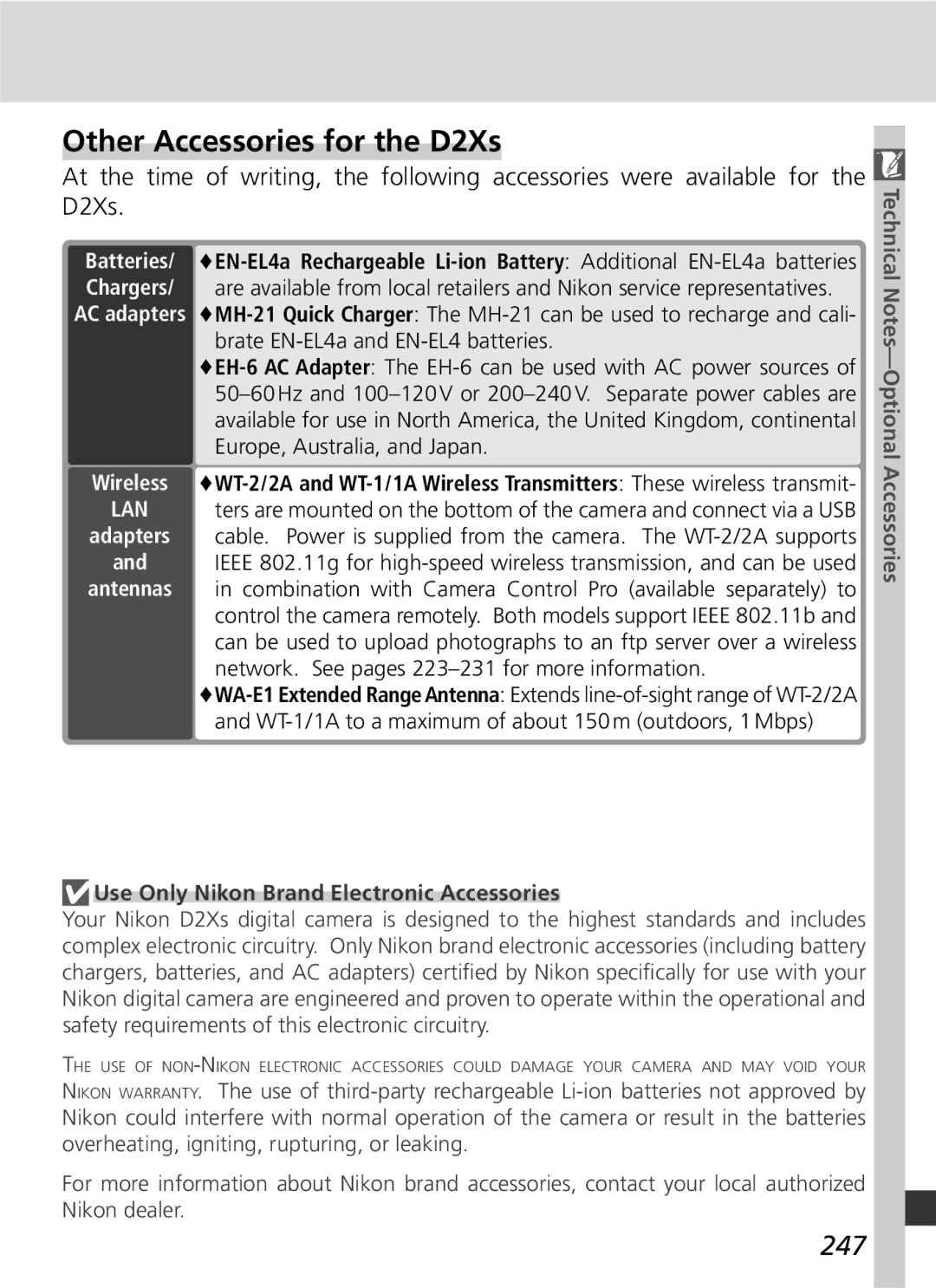 Nikon manual Other Accessories for the D2Xs, 247, Use Only Nikon Brand Electronic Accessories 