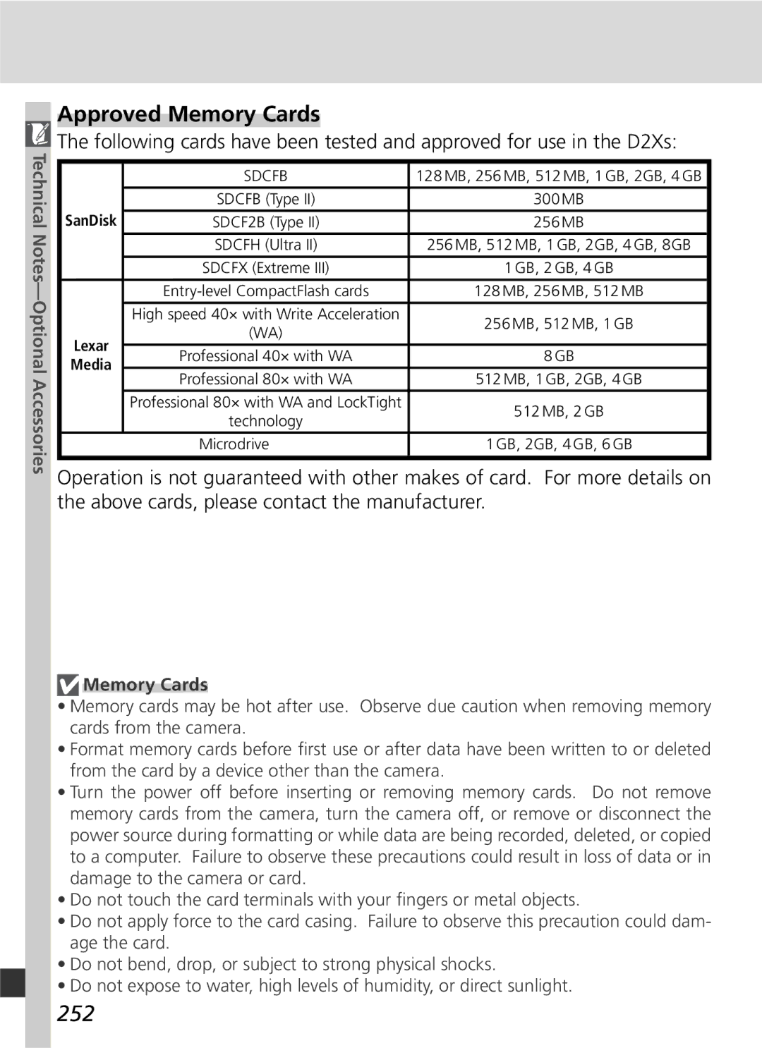 Nikon D2Xs manual Approved Memory Cards, 252 