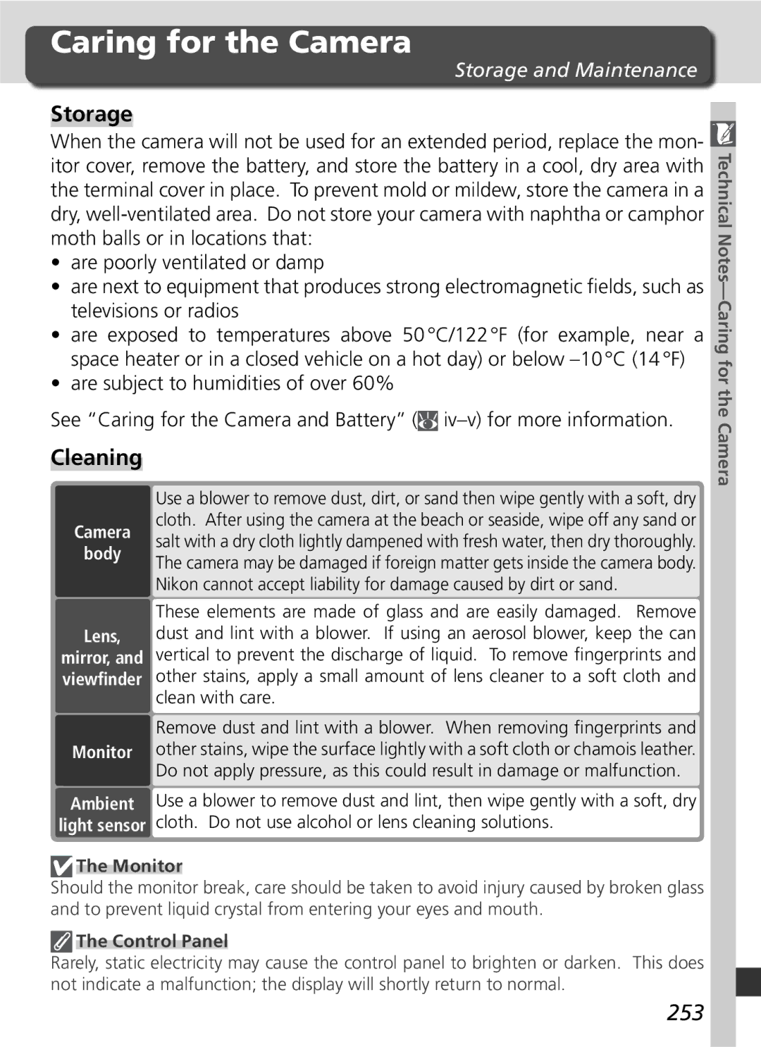 Nikon D2Xs manual Caring for the Camera, Cleaning, 253, Storage and Maintenance 