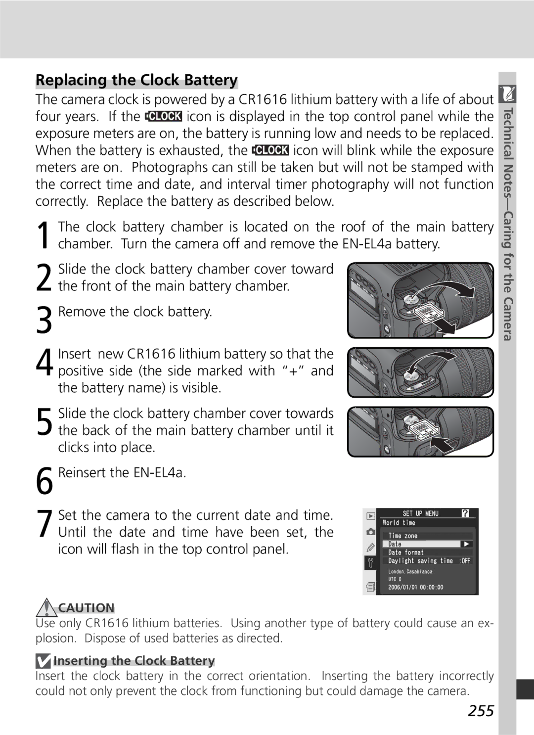 Nikon D2Xs manual Replacing the Clock Battery, 255, Inserting the Clock Battery 