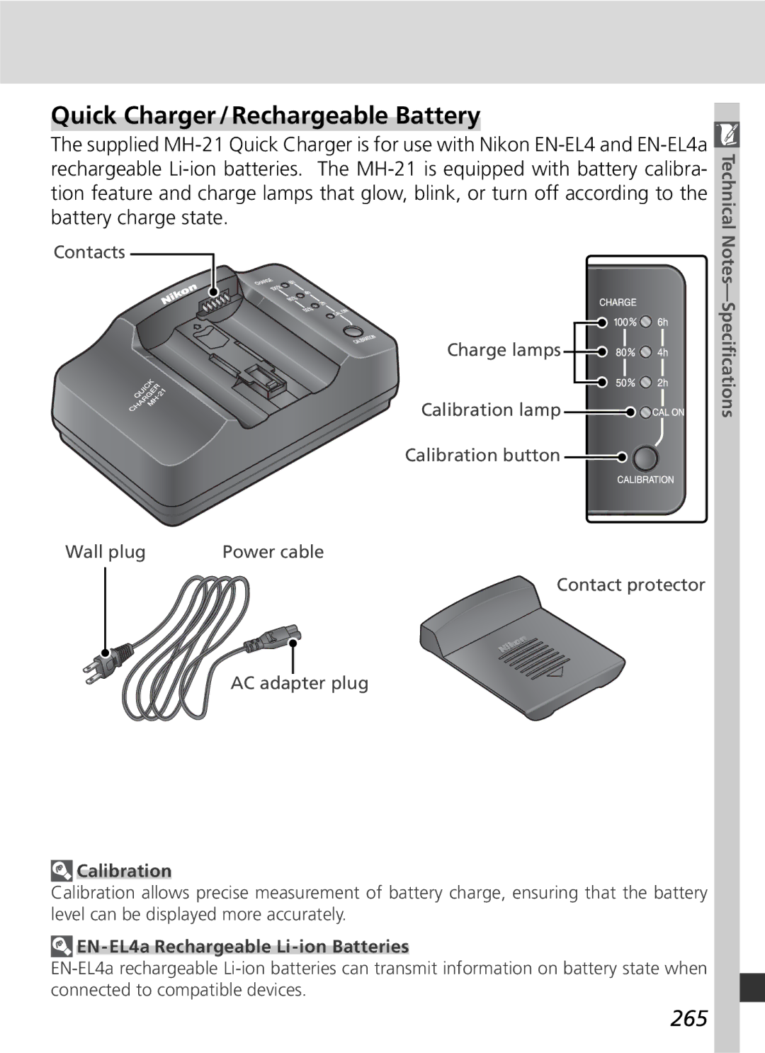 Nikon D2Xs manual Quick Charger / Rechargeable Battery, 265, Calibration 