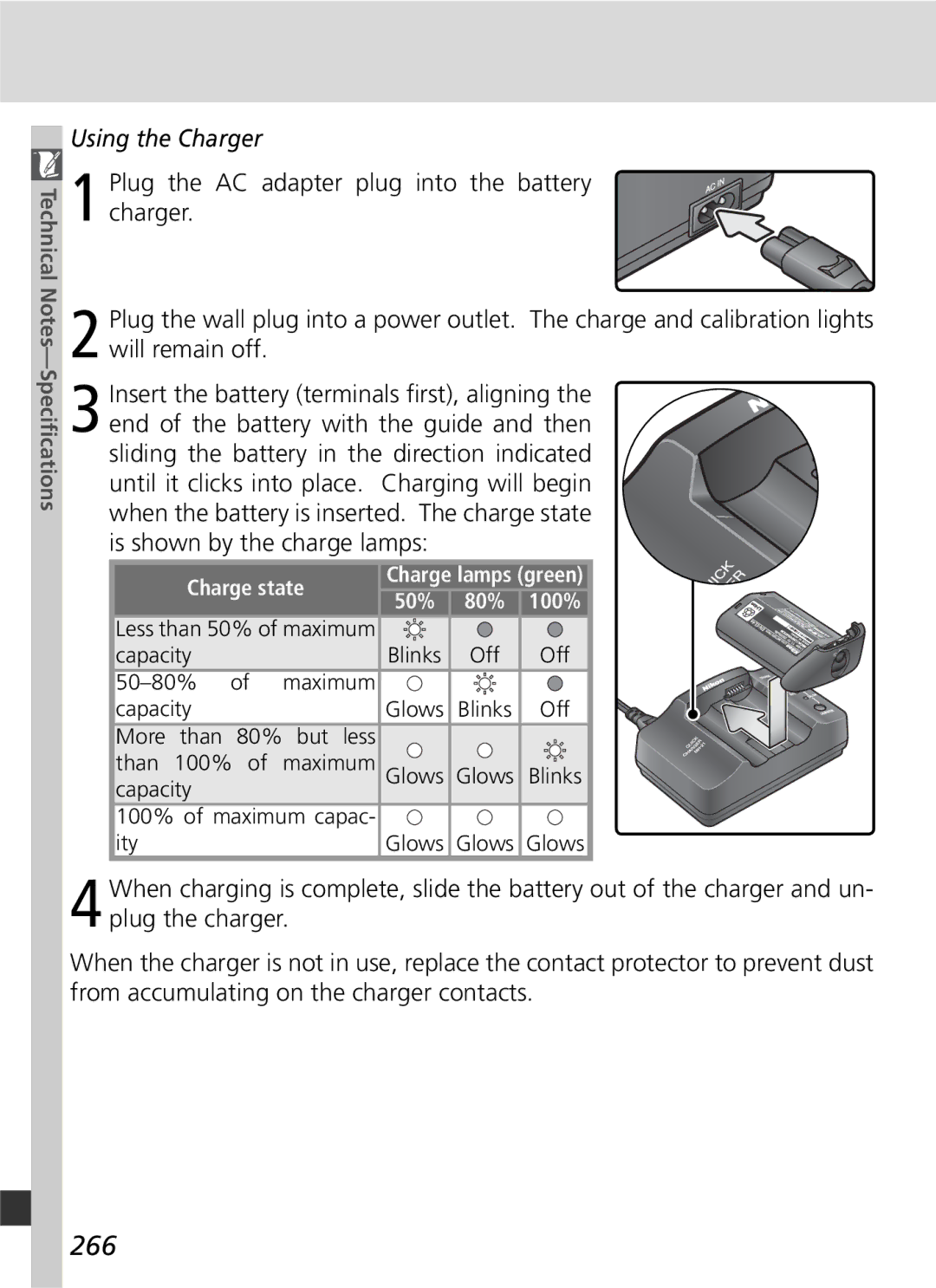 Nikon D2Xs manual 266, Using the Charger, Charge state 