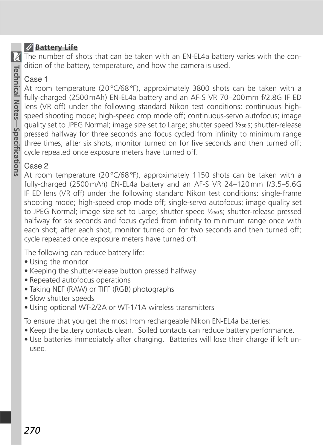 Nikon D2Xs manual 270, Battery Life 