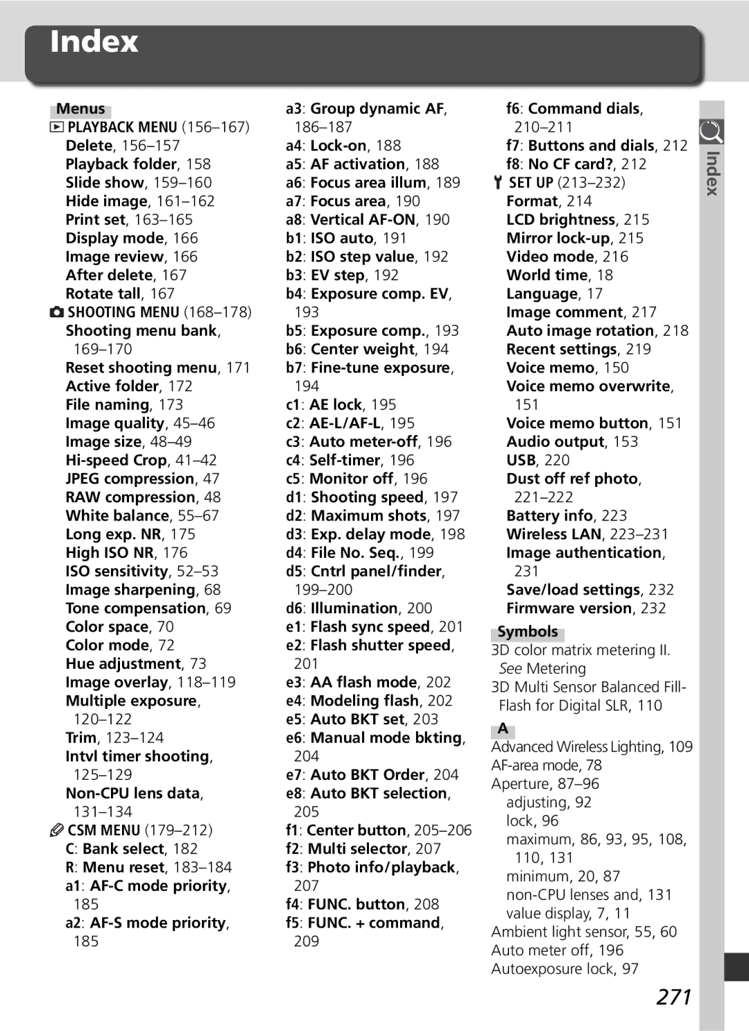 Nikon D2Xs manual Index, 271 