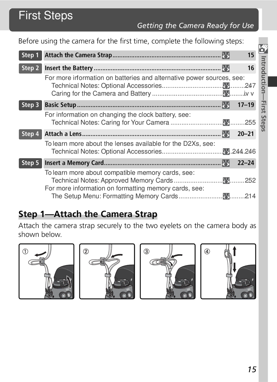 Nikon D2Xs manual First Steps, Attach the Camera Strap, Getting the Camera Ready for Use 