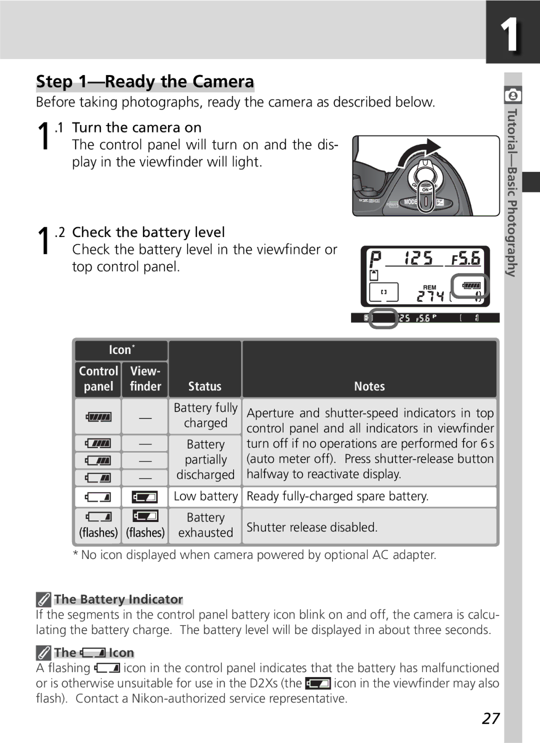 Nikon D2Xs manual Ready the Camera, Icon Control View, Charged Battery Partially Discharged, Battery Indicator 