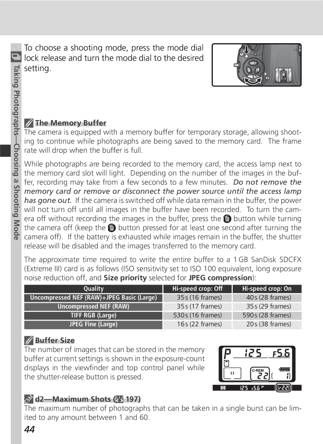 Nikon D2Xs manual Memory Buffer, Buffer Size, D2-Maximum Shots 