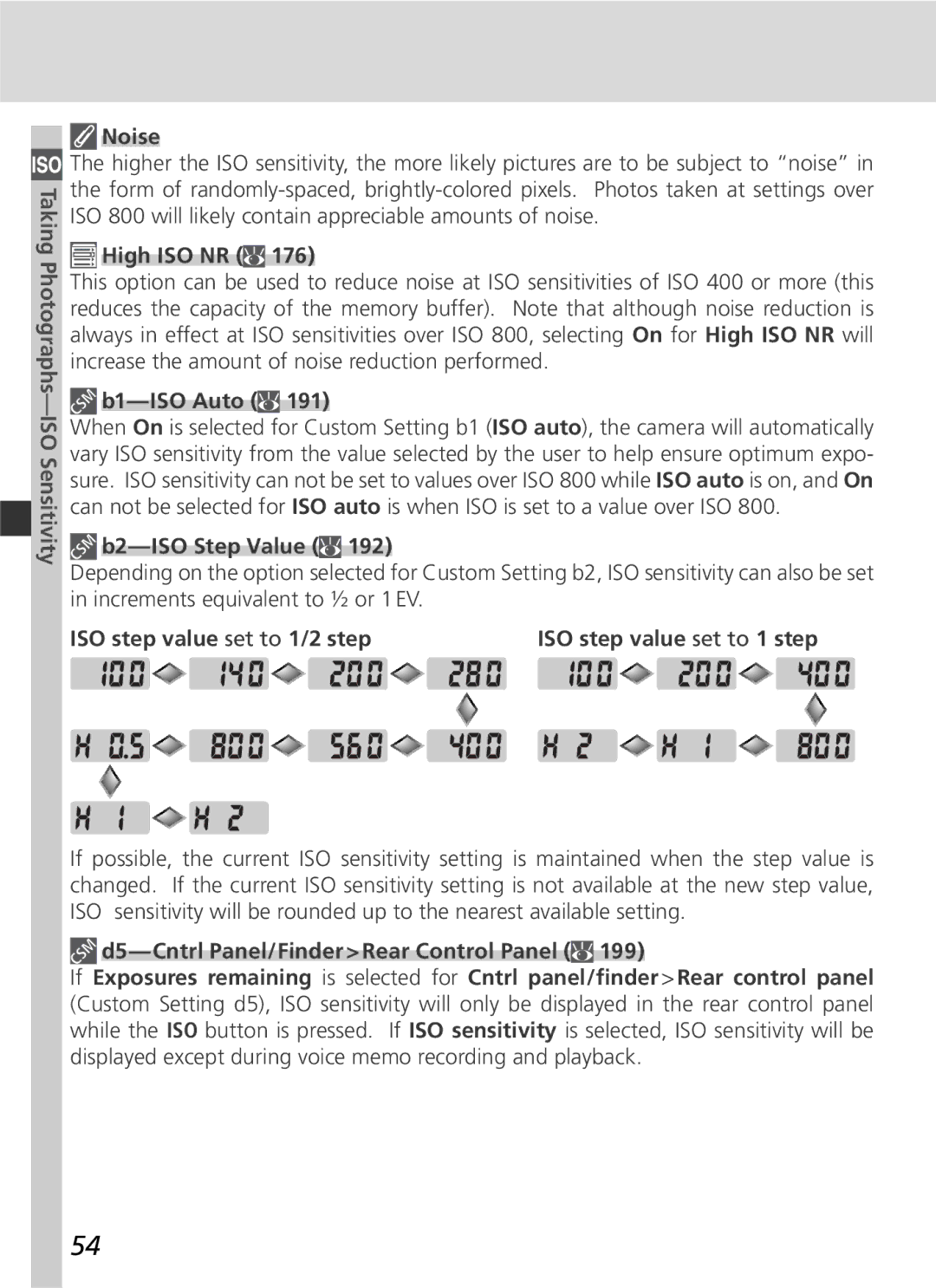 Nikon D2Xs manual Noise, High ISO NR, B1-ISO Auto, B2-ISO Step Value, ISO step value set to 1/2 step 