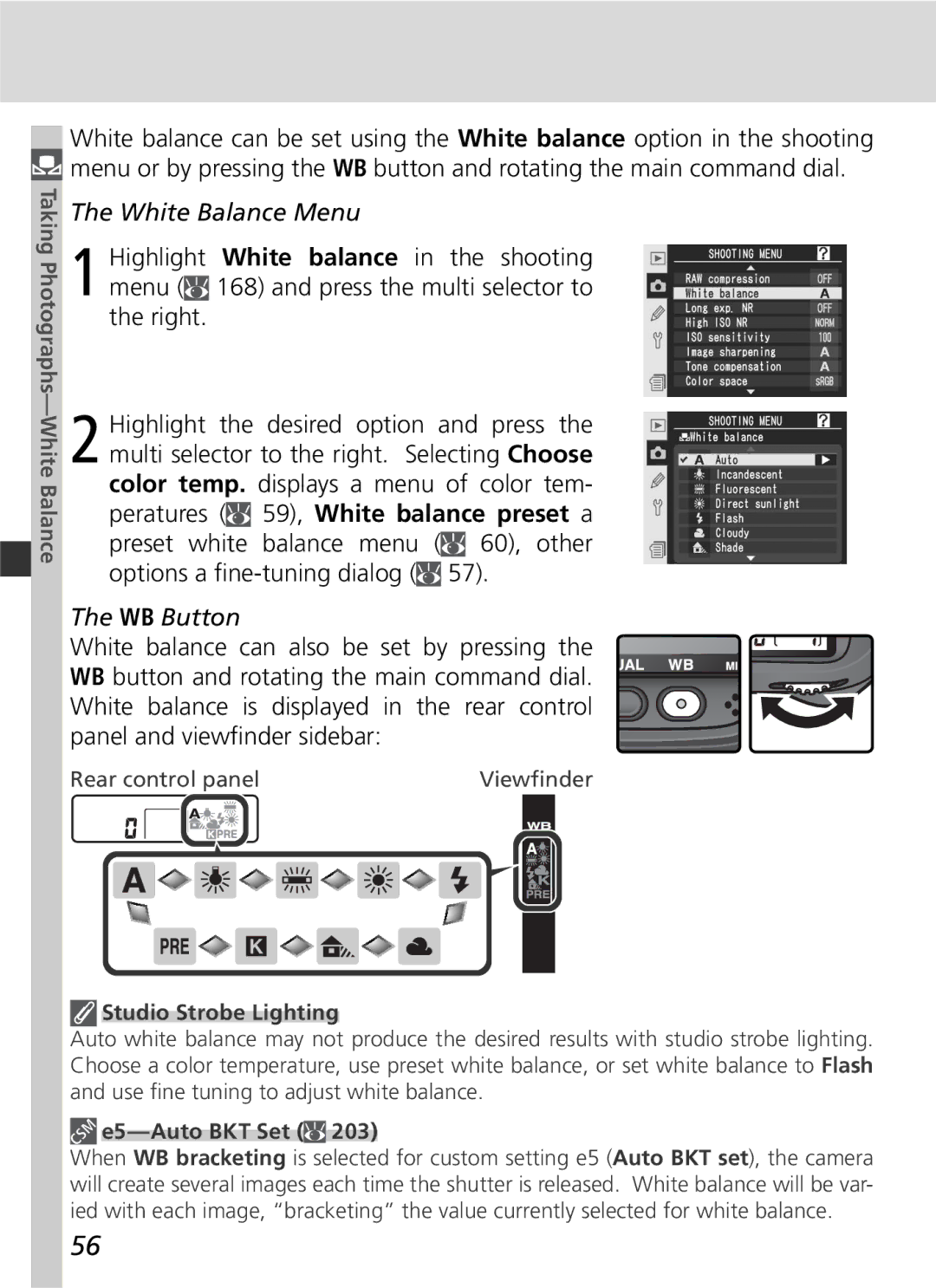 Nikon D2Xs manual White Balance Menu, WB Button, Studio Strobe Lighting, E5-Auto BKT Set 