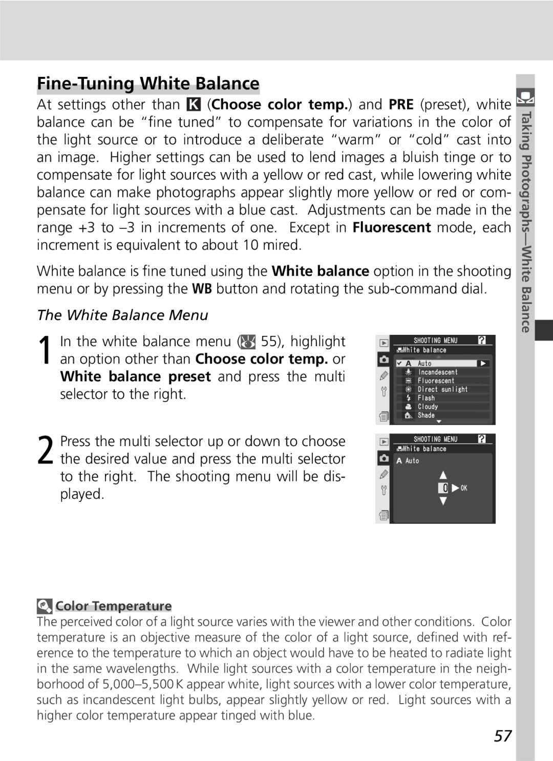 Nikon D2Xs manual Fine-Tuning White Balance, Color Temperature 