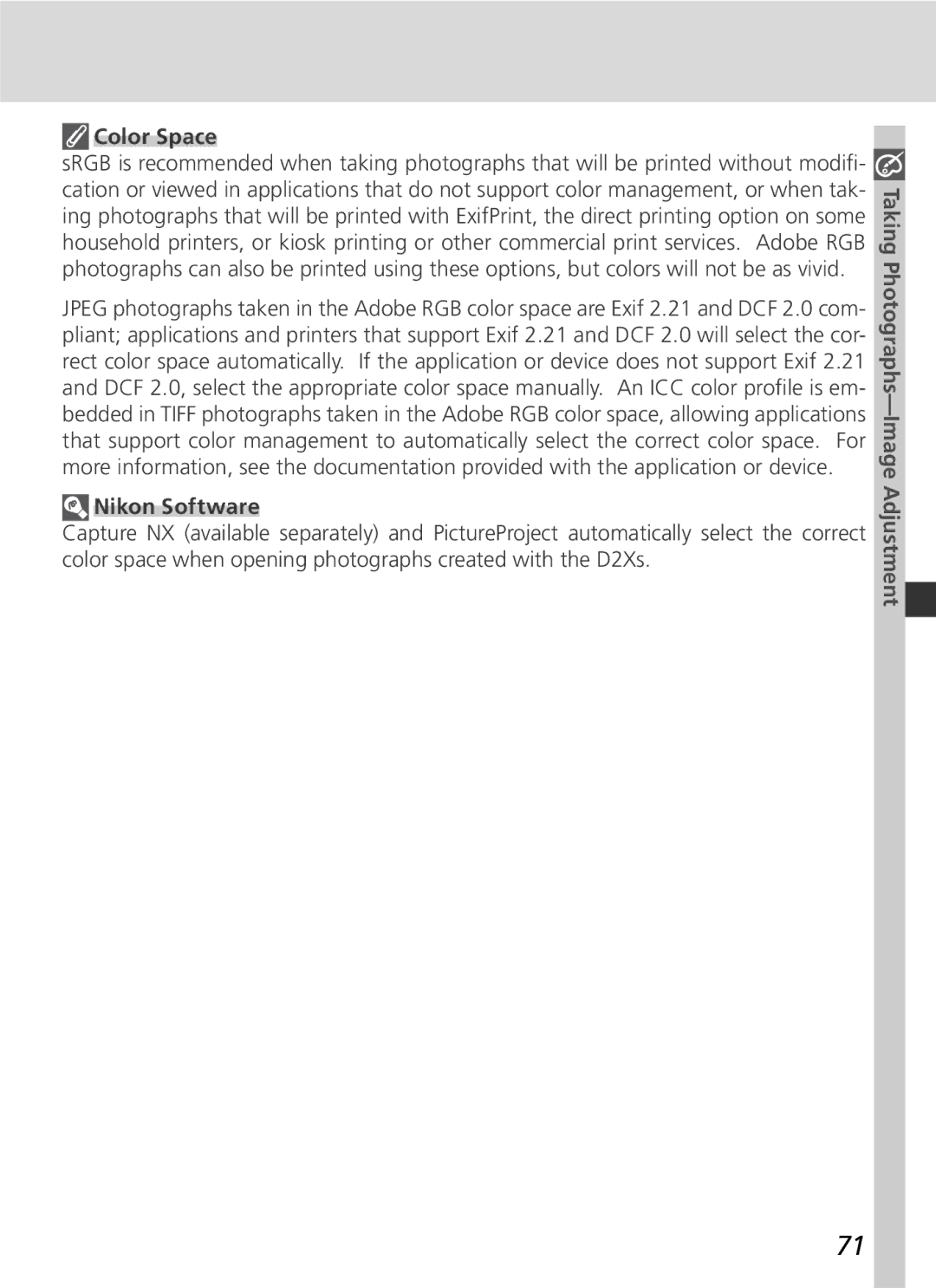 Nikon D2Xs manual Color Space, Nikon Software 