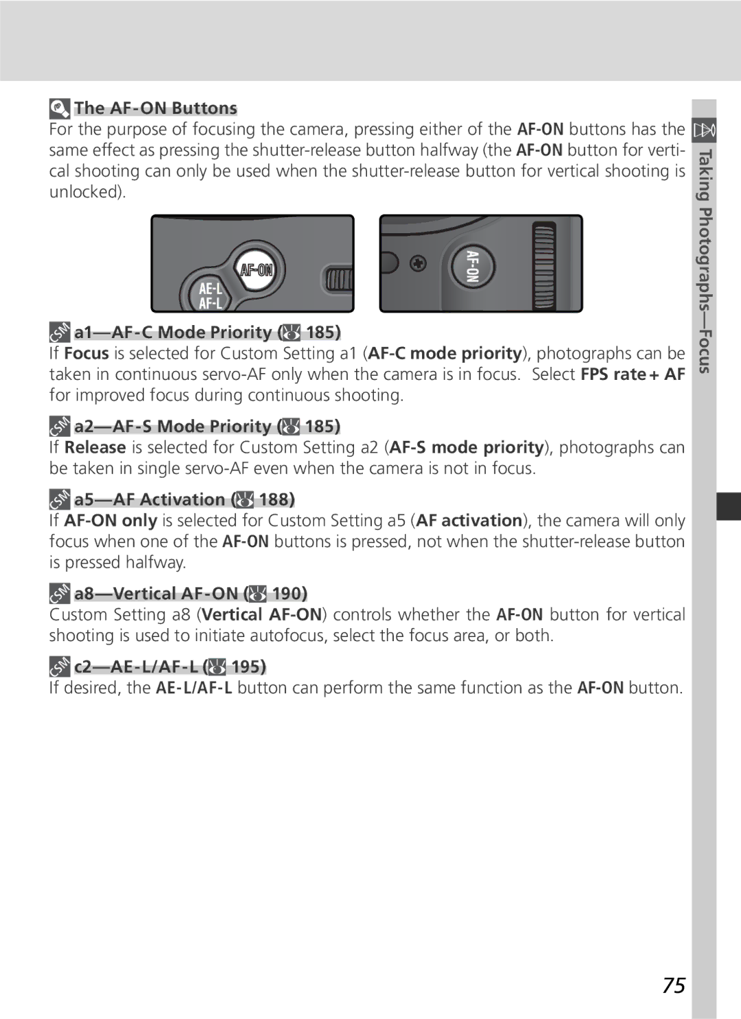 Nikon D2Xs AF-ON Buttons, A1-AF-C Mode Priority, A2-AF-S Mode Priority, A5-AF Activation, A8-Vertical AF-ON, C2-AE-L/AF-L 