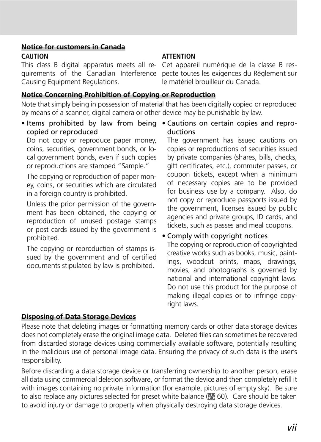 Nikon D2Xs manual Vii, Items prohibited by law from being copied or reproduced 