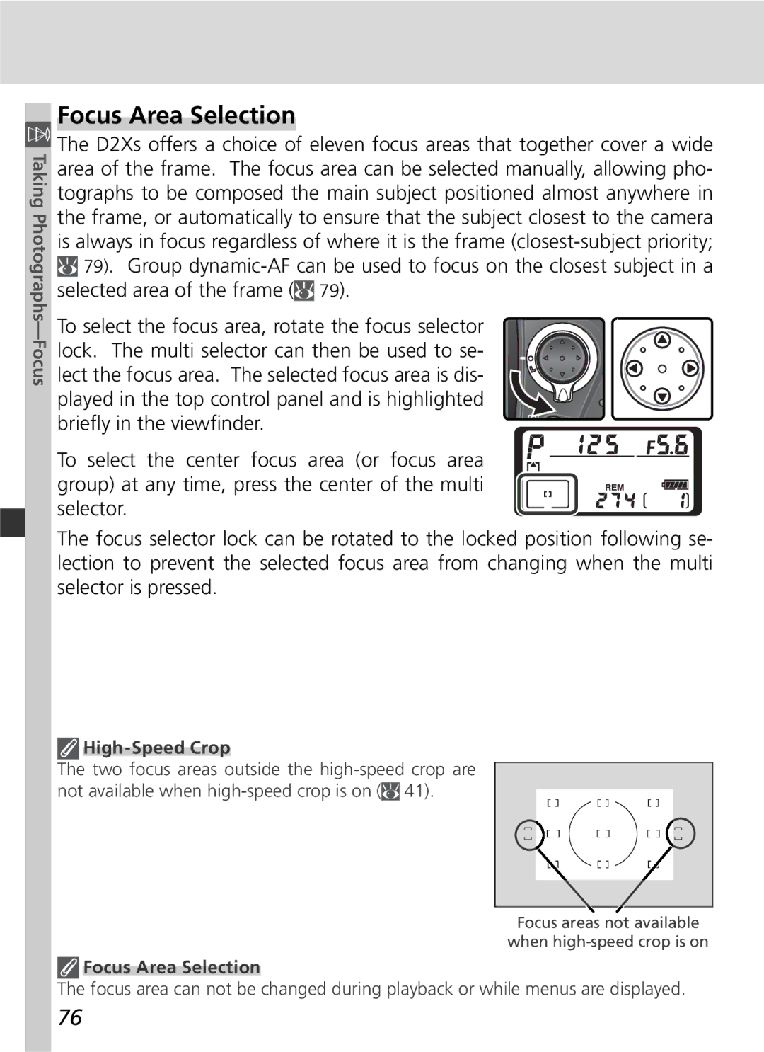 Nikon D2Xs manual Focus Area Selection, High-Speed Crop 